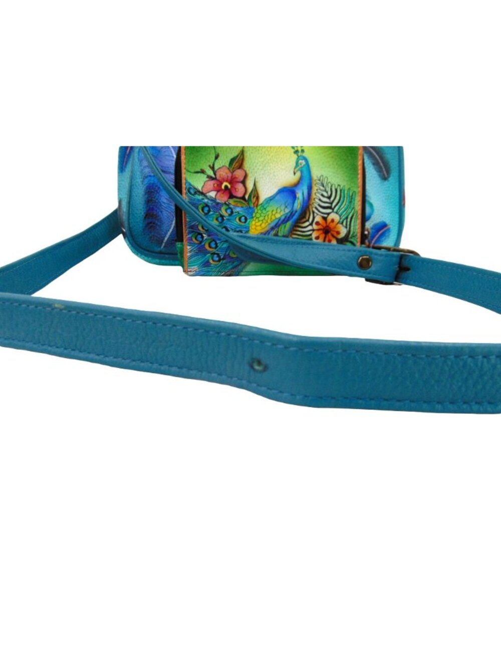 Anuschka Leather Crossbody Purse Wallet Teal Blue Feather Peacock Hand Painted - Picture 16 of 16